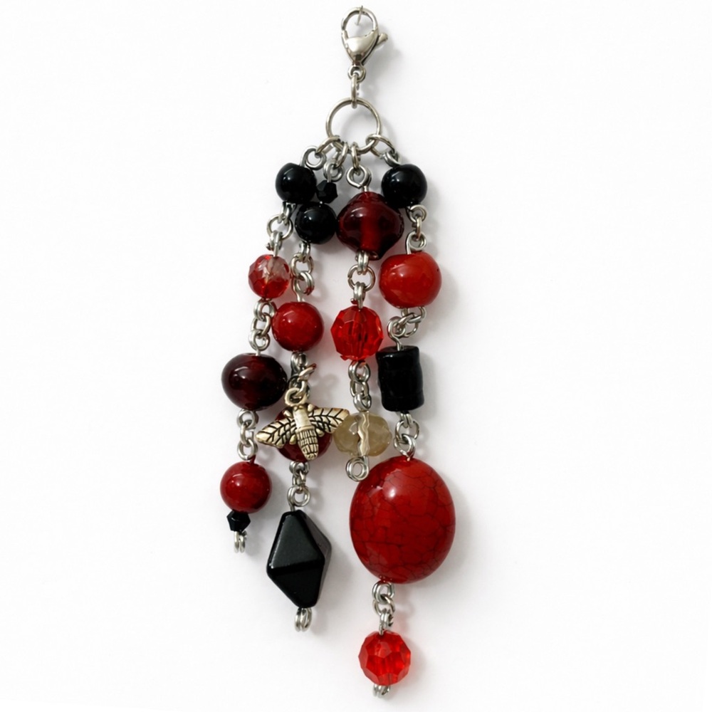 Red Black Beaded Bee Charm Keychain Bag Charm Zipper Pull - Goth Alt Y2K